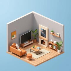 Modern Minimalist Living Room Interior Design Cozy Fireplace Orange Sofa and Smart TV