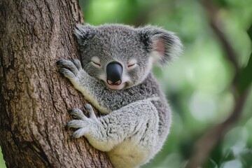 Fototapeta premium A cuddly baby koala snuggled into the crook of a tree, dozing peacefully.