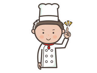 ポイントを説明する若い男性コックさんの上半身イラスト