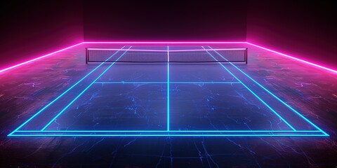 Isolated in white background,3d render, neon tennis court scheme, sportive game virtual sport playground perspective view, pink blue glowing line over black background.