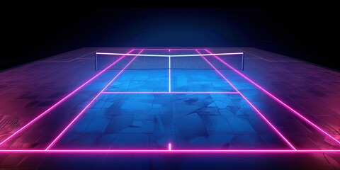 Isolated in white background,3d render, neon tennis court scheme, sportive game virtual sport playground perspective view, pink blue glowing line over black background.