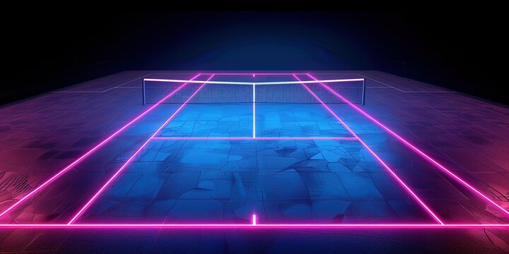 Isolated in white background,3d render, neon tennis court scheme, sportive game virtual sport playground perspective view, pink blue glowing line over black background.