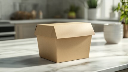 Eco-friendly kraft paper food box on a marble kitchen countertop