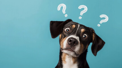 Cute dog tilting head in confusion, question marks in the air, minimal abstract background