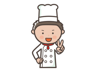 笑顔でピースをする若い男性コックさんの上半身イラスト