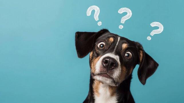 Cute dog tilting head in confusion, question marks in the air, minimal abstract background