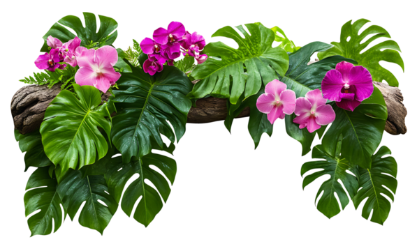 Tropical ivy gree plant bush floral arrangement with rainforest gren leaves Monstera and fern and Vanda orchids tropical flower decor on tree branch liana vine plant isolated on white background.

