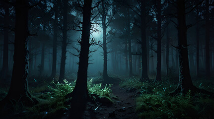 Gloomy fantasy forest scene at night with glowing lights,generative.ai
