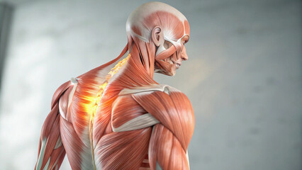 Anatomical illustration of upper body musculature with highlighted shoulder pain.


