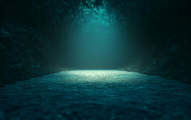 Fototapeta premium Mysterious pathway illuminated by ethereal light, surrounded by dense foliage, creating a serene and enchanting atmosphere.