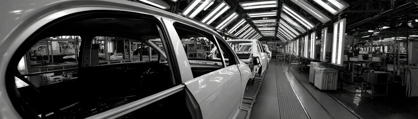 A monochrome image of a car manufacturing facility, showcasing assembly lines and workers engaged in the automobile production process.