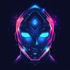 Futuristic Cybernetic Face Portrait with Glowing Neon Accents on Dark Background