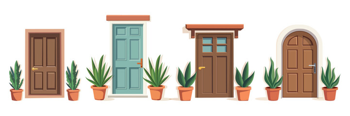 Front door with two pots with plants. Cartoon house illustration
