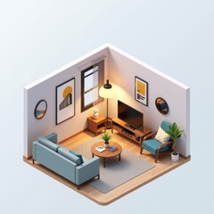 Modern Minimalist Living Room Interior Design Isometric View of Cozy Apartment Space