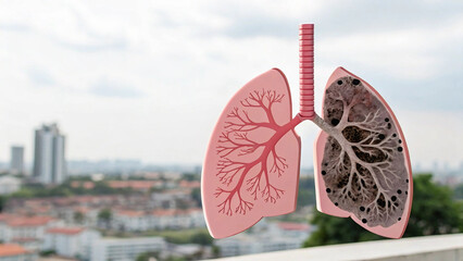 Illustration comparing healthy and damaged lungs against a cityscape backdrop.

