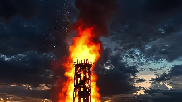 Tower engulfed in flames at sunset, creating a dramatic sky with smoke and fire in the background