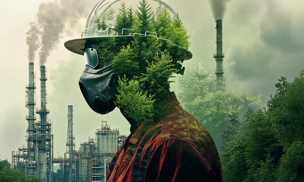 double exposure image featuring a factory worker in protective gear overlaid with a lush green forest, symbolizing the balance between industry and nature