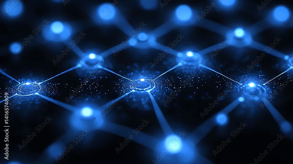 Poster futuristic digital network representation with glowing blue nodes connected by lines on a dark backg