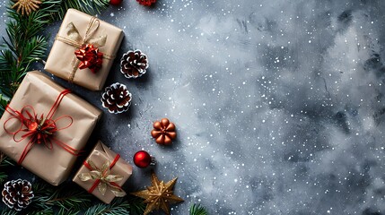 Wrapped gifts, pine cones, and ornaments on a speckled surface
