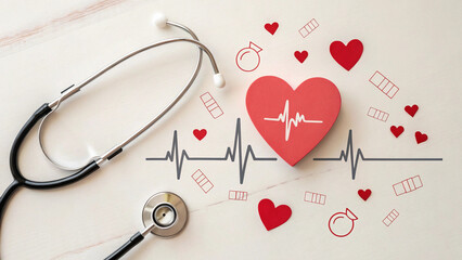 Symbolic representation of heart health with stethoscope and ECG tracing.


