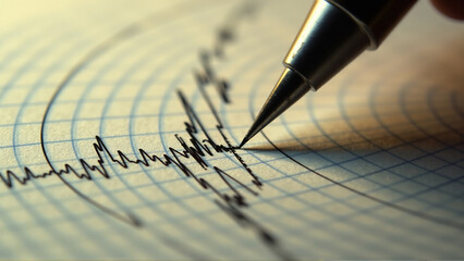 Close-Up Detail: Stylus Needle Recording Intense Earthquake Waves on Traditional Drum Seismograph Paper