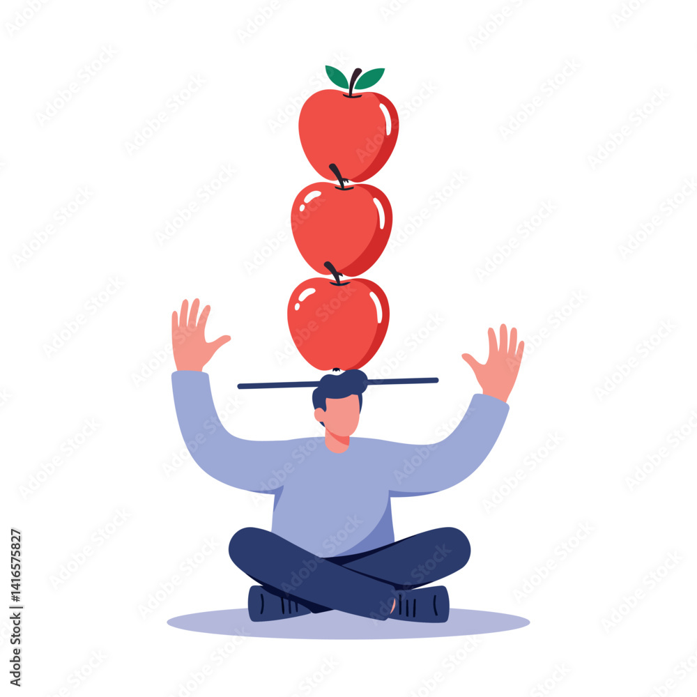 Poster man balancing three red apples on a stick above his head in a minimal flat design vector illustratio