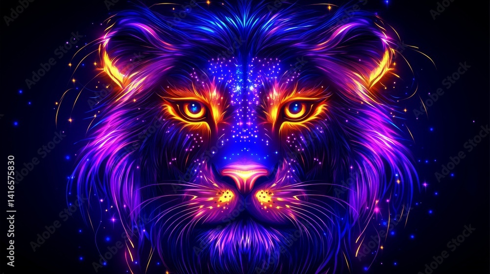 Poster majestic lion artwork in vibrant hues and glowing particle effects creating a mesmerizing display of