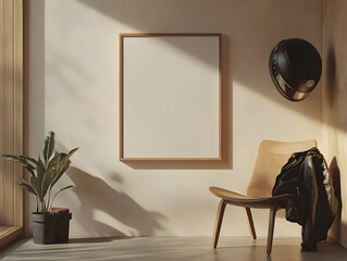 Modern hallway corner with square photo frame, jacket and hat on wall hooks, and decorative indoor plants.