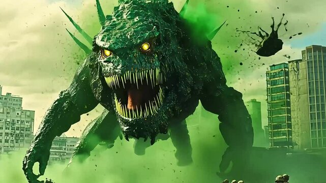 Giant monster emerging from green smoke in urban setting with soldiers preparing for battle