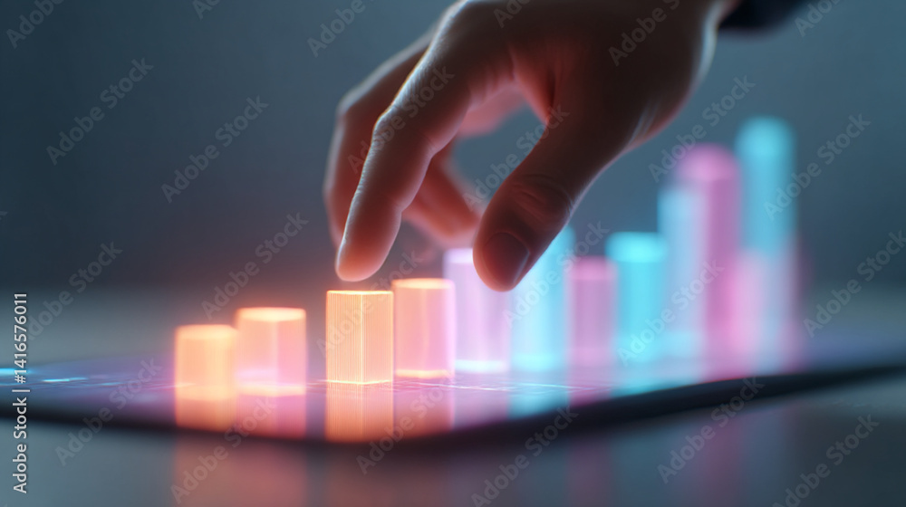 Aufkleber analyzing data trends hand interacting with digital bar graph for business growth and investment str
