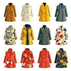 collection of mid century inspired coats various colors and floral patterns, showcasing blend of vintage and modern styles. designs include solid colors and vibrant floral prints, each with unique