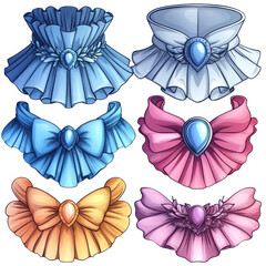 Various colorful collar and neckline styles with decorative elements and gemstones. designs include blue, pink, and orange colors, featuring ruffles and bows, showcasing variety of fashion styles