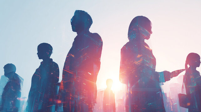 Business team leadership concept with city skyline and diverse professional silhouette group work