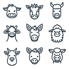 Minimalist outline of cow face with simple features and playful expression. design is part of vector set of farm animal icons