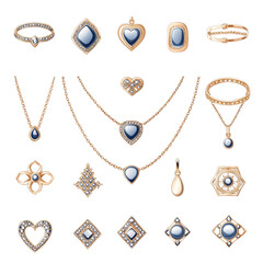 Elegant vector art of jewelry pieces including necklaces, bracelets, and rings with intricate designs and gemstones. collection showcases variety of styles and shapes, perfect for fashion