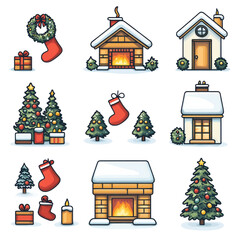 festive collection of Christmas themed icons featuring stockings, wreaths, gifts, and decorated trees, all set against cozy houses with snow