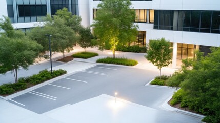 Modern office courtyard with parking and landscaping
