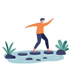 Young man balancing on stepping stones in a pond with green plants in flat minimal vector illustration