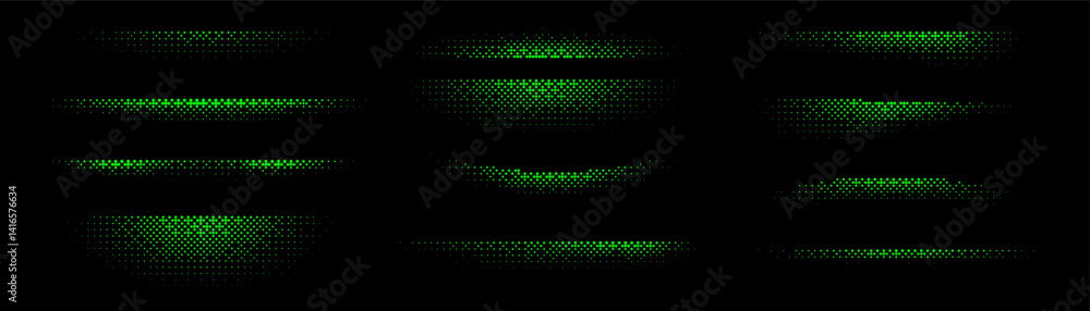 Poster green noise gradient shapes set. dotted technology elements collection. dotwork halftone effect patt