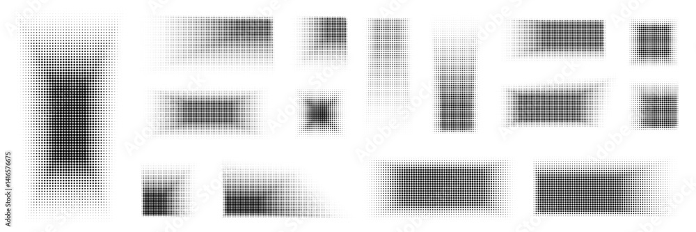 Poster halftone shadow dotwork set. grain noise gradient squares. dotted vector elements