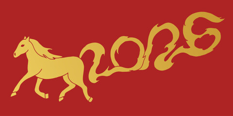 Beautiful illustration of golden horse with tail in form 2026 numbers. Symbol of Chinese New Year