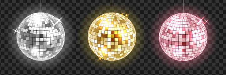 Disco ball silver, pink and golden illustration set. Bright glowing party decorations isolated on transparent background. 3d spherical mirror