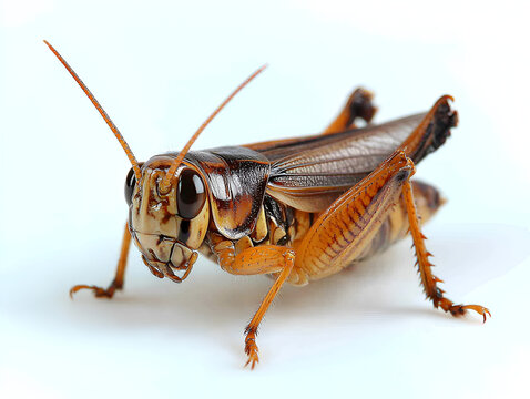 Isolated green insect, a grasshopper or locust, is seen in macro closeup against a white background
