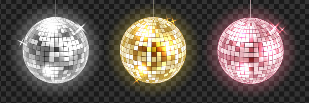 Disco ball silver, pink and golden illustration set. Bright glowing party decorations isolated on transparent background. 3d spherical mirror