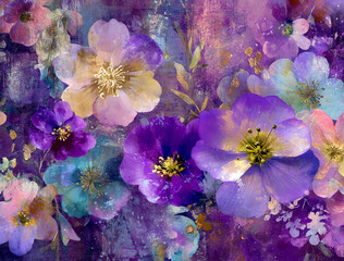 A painting of a flower garden with purple and yellow flowers