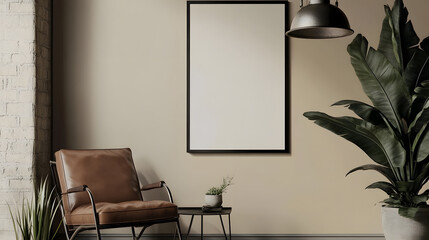 Textured brown interior with stylish frame, leather chair and leafy plant on the side.