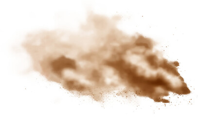 Brown dust, sand and smoke clouds set. Effect of sandstorm, wind storm in desert or explosion with texture of flying dusty powder,  on islated transfarent background, PNG.