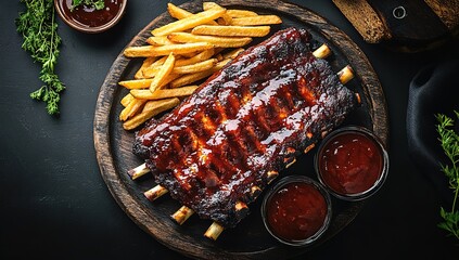 A black, fantastic rack of ribs with fries and sauce on a dark wooden plate, captured in high-resolution photography.