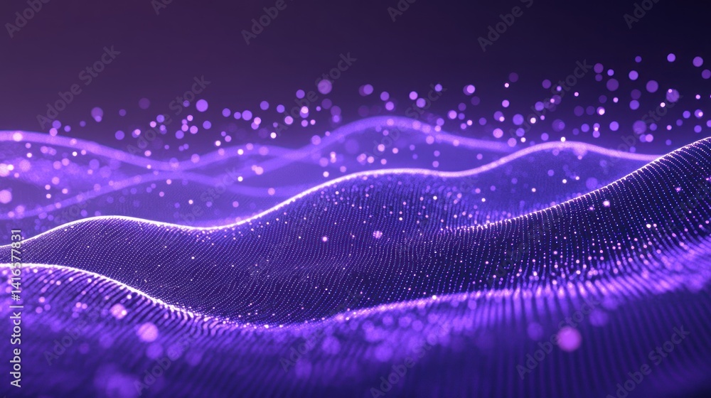 Poster abstract deep purple flowing digital particle wave background displaying advanced technology and futuristic concepts highlighting data visualization and artificial intelligence advancements