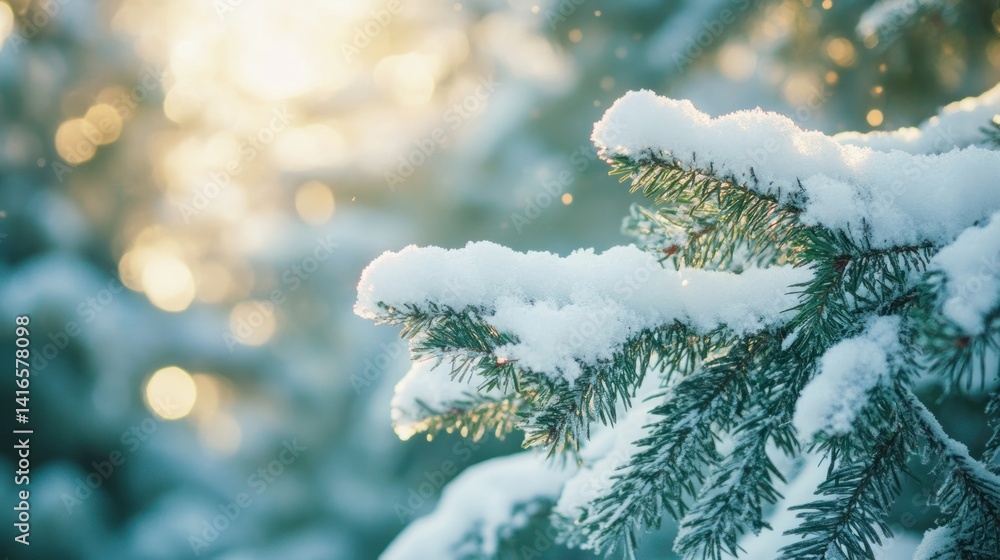 Poster a tranquil winter scene with snow-laden evergreen branches illuminated by a gentle ethereal light ca